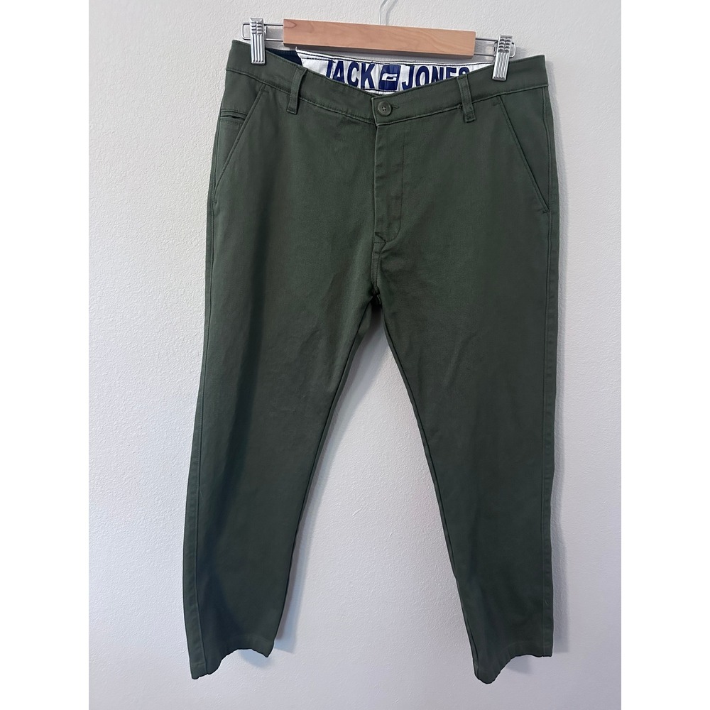 Jack & Jones Chino Pants 34 Olive Green Excellent Straight Leg Cotton Trousers